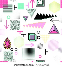 Trendy geometric elements memphis cards, seamless pattern. Retro style texture. Modern abstract design poster, cover, card design.