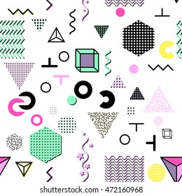 Trendy geometric elements memphis cards, seamless pattern. Retro style texture. Modern abstract design poster, cover, card design.