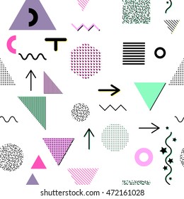 Trendy geometric elements memphis cards, seamless pattern. Retro style texture. Modern abstract design poster, cover, card design.