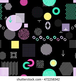 Trendy geometric elements memphis cards, seamless pattern. Retro style texture. Modern abstract design poster, cover, card design.