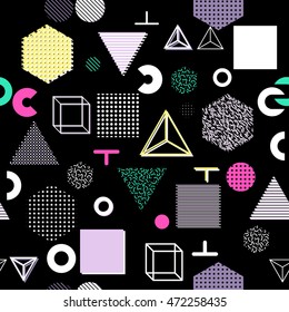 Trendy geometric elements memphis cards, seamless pattern. Retro style texture. Modern abstract design poster, cover, card design.