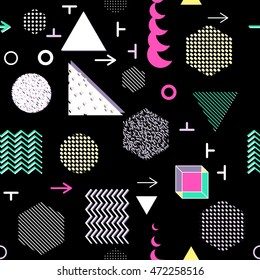 Trendy geometric elements memphis cards, seamless pattern. Retro style texture. Modern abstract design poster, cover, card design.