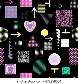 Trendy geometric elements memphis cards, seamless pattern. Retro style texture. Modern abstract design poster, cover, card design.