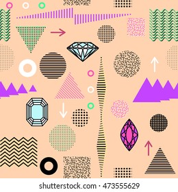 Trendy geometric elements memphis cards, seamless pattern. Retro style texture. Modern abstract design poster, cover, card design.