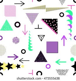 Trendy geometric elements memphis cards, seamless pattern. Retro style texture. Modern abstract design poster, cover, card design.