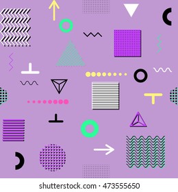 Trendy geometric elements memphis cards, seamless pattern. Retro style texture. Modern abstract design poster, cover, card design.