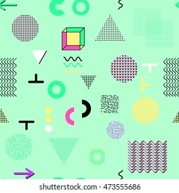 Trendy geometric elements memphis cards, seamless pattern. Retro style texture. Modern abstract design poster, cover, card design.