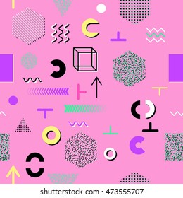 Trendy geometric elements memphis cards, seamless pattern. Retro style texture. Modern abstract design poster, cover, card design.
