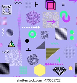 Trendy geometric elements memphis cards, seamless pattern. Retro style texture. Modern abstract design poster, cover, card design.