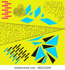 Trendy geometric elements memphis cards. Retro style texture, pattern and geometric elements. Modern abstract design poster, cover, card design.
