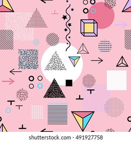 Trendy geometric elements memphis cards, seamless pattern. Retro style texture. Modern abstract design poster, cover, card design.