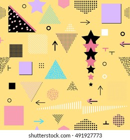 Trendy geometric elements memphis cards, seamless pattern. Retro style texture. Modern abstract design poster, cover, card design.