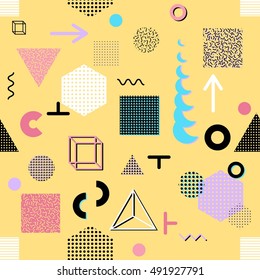 Trendy geometric elements memphis cards, seamless pattern. Retro style texture. Modern abstract design poster, cover, card design.