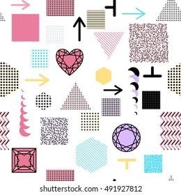 Trendy geometric elements memphis cards, seamless pattern. Retro style texture. Modern abstract design poster, cover, card design.