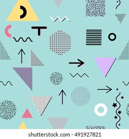 Trendy geometric elements memphis cards, seamless pattern. Retro style texture. Modern abstract design poster, cover, card design.