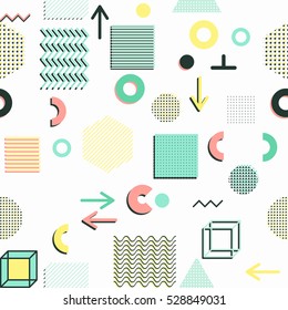 Trendy geometric elements memphis cards, seamless pattern. Retro style texture. Modern abstract design poster, cover, card design.