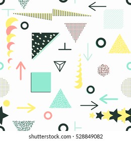 Trendy geometric elements memphis cards, seamless pattern. Retro style texture. Modern abstract design poster, cover, card design.