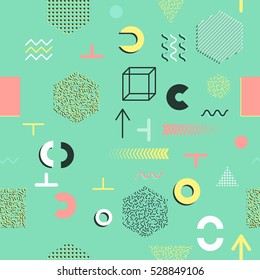Trendy geometric elements memphis cards, seamless pattern. Retro style texture. Modern abstract design poster, cover, card design.