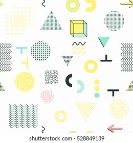 Trendy geometric elements memphis cards, seamless pattern. Retro style texture. Modern abstract design poster, cover, card design.