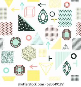 Trendy geometric elements memphis cards, seamless pattern. Retro style texture. Modern abstract design poster, cover, card design.