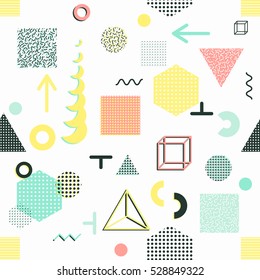 Trendy geometric elements memphis cards, seamless pattern. Retro style texture. Modern abstract design poster, cover, card design.