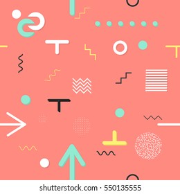 Trendy geometric elements memphis cards, seamless pattern. Retro style texture. Modern abstract design poster, cover, card design. Style 80s, 90s