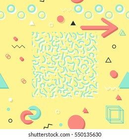 Trendy geometric elements memphis cards, seamless pattern. Retro style texture. Modern abstract design poster, cover, card design. Style 80s, 90s