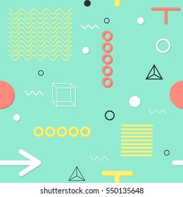 Trendy geometric elements memphis cards, seamless pattern. Retro style texture. Modern abstract design poster, cover, card design. Style 80s, 90s