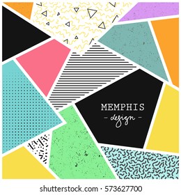 Trendy geometric elements memphis cards. Retro style texture  and geometric elements. Modern abstract design poster, cover, card design. 