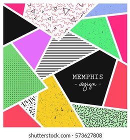 Trendy geometric elements memphis cards. Retro style texture  and geometric elements. Modern abstract design poster, cover, card design. 