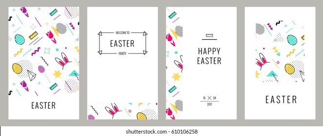 Trendy geometric elements memphis cards. Happy Easter invitation cards in 80s, 90s memphis style with holiday symbols. Vector illustration