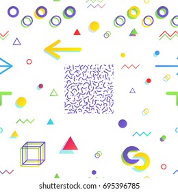 Trendy geometric elements memphis cards, 80s, seamless pattern. Retro style texture. Modern abstract design poster, cover, card design.