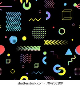 Trendy geometric elements memphis cards, 80s, seamless pattern. Retro style texture. Modern abstract design poster, cover, card design.