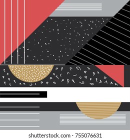 Trendy geometric elements memphis cards. Geometric style texture, pattern and geometric elements. Modern abstract design poster, cover, card design. Contemporary art collage