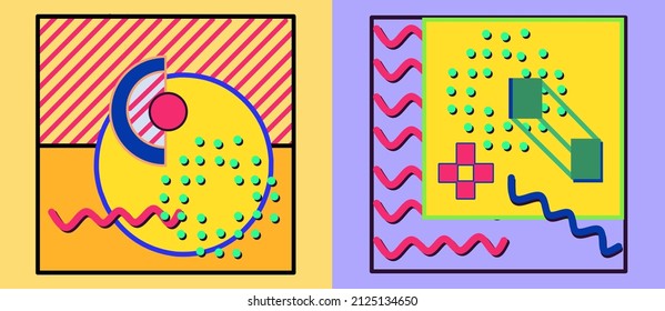 Los elementos geométricos de moda destacan por su diseño colorido y brillante. Textura de estilo de los años 90, patrón y elementos. Diseño de fondo abstracto moderno y plantilla de portada.eps10