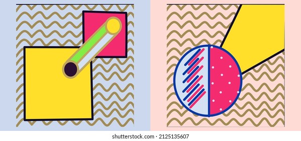 Trendy geometric elements memphis colorful and glowing design. Retro 90’s style texture, pattern and elements. Modern abstract background design and cover template.eps10