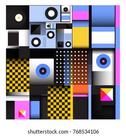 Trendy geometric elements memphis colorful and glowing design. Retro 90’s style texture, pattern and elements. Modern abstract background design and cover template.