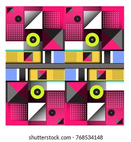 Trendy geometric elements memphis colorful and glowing design. Retro 90’s style texture, pattern and elements. Modern abstract background design and cover template.