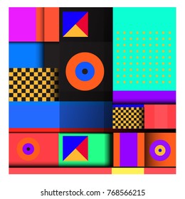 Trendy geometric elements memphis colorful and glowing design. Retro 90’s style texture, pattern and elements. Modern abstract background design and cover template.