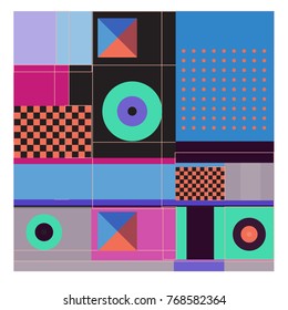 Trendy geometric elements memphis colorful and glowing design. Retro 90’s style texture, pattern and elements. Modern abstract background design and cover template.