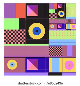Trendy geometric elements memphis colorful and glowing design. Retro 90’s style texture, pattern and elements. Modern abstract background design and cover template.