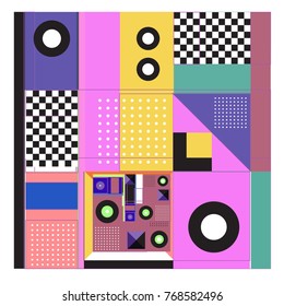 Trendy geometric elements memphis colorful and glowing design. Retro 90’s style texture, pattern and elements. Modern abstract background design and cover template.