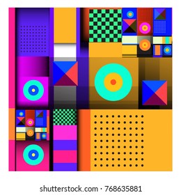 Trendy geometric elements memphis colorful and glowing design. Retro 90’s style texture, pattern and elements. Modern abstract background design and cover template.
