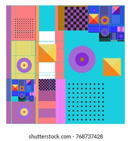 Trendy geometric elements memphis colorful and glowing design. Retro 90’s style texture, pattern and elements. Modern abstract background design and cover template.
