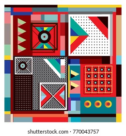Trendy geometric elements memphis colorful and glowing design. Retro 90’s style texture, pattern and elements. Modern abstract background design and cover template.