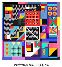 Trendy geometric elements memphis colorful and glowing design. Retro 90’s style texture, pattern and elements. Modern abstract background design and cover template.
