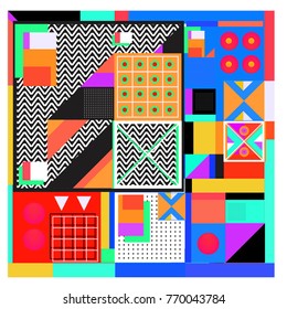 Trendy geometric elements memphis colorful and glowing design. Retro 90’s style texture, pattern and elements. Modern abstract background design and cover template.