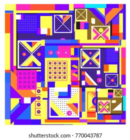Trendy geometric elements memphis colorful and glowing design. Retro 90’s style texture, pattern and elements. Modern abstract background design and cover template.