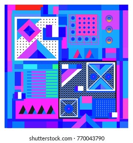 Trendy geometric elements memphis colorful and glowing design. Retro 90’s style texture, pattern and elements. Modern abstract background design and cover template.