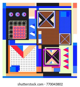 Trendy geometric elements memphis colorful and glowing design. Retro 90’s style texture, pattern and elements. Modern abstract background design and cover template.